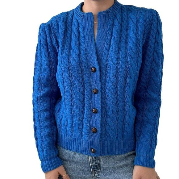 Vintage 1980s Susan Bristol Cobalt Blue 100% Wool Hand Knit Fisherman Cardigan - Picture 1 of 7